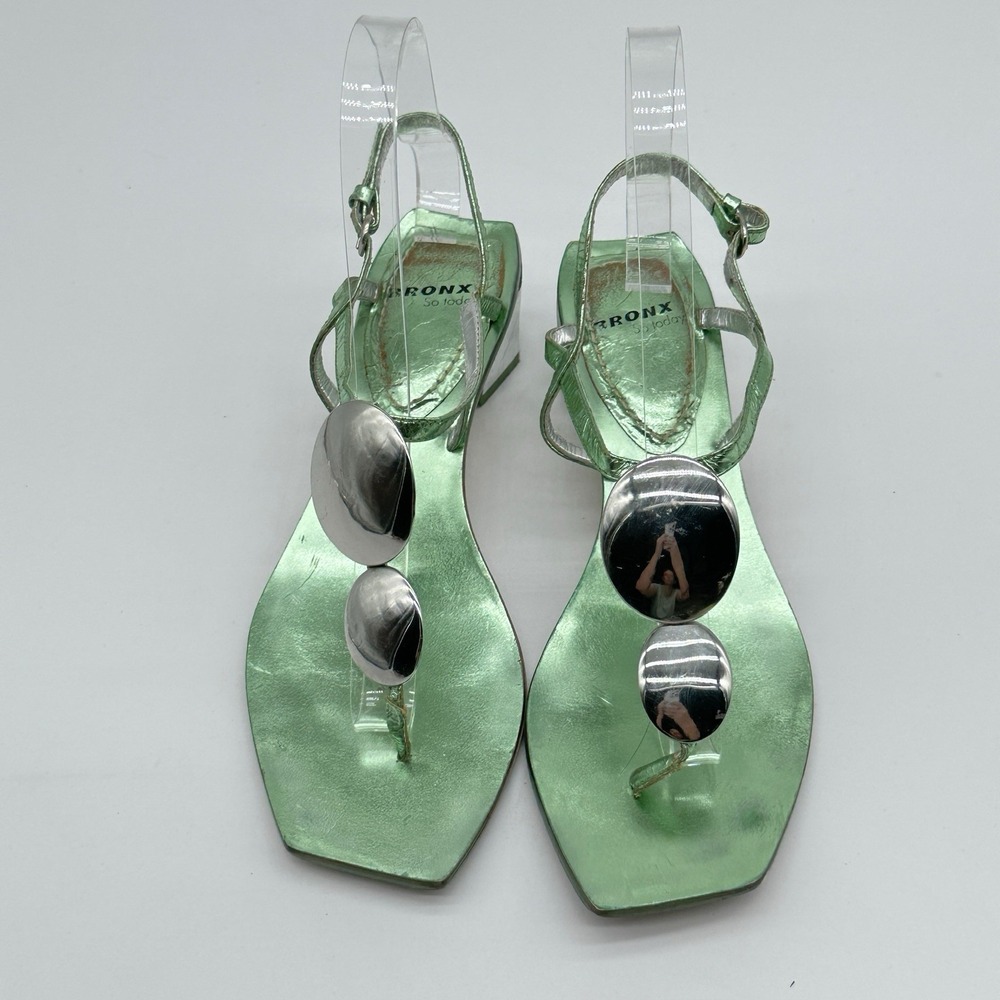 Y2K BRONX Heels Metallic Green Silvertone Jeweltone Euro Mirror Heel US 5.5-6 - Picture 6 of 11